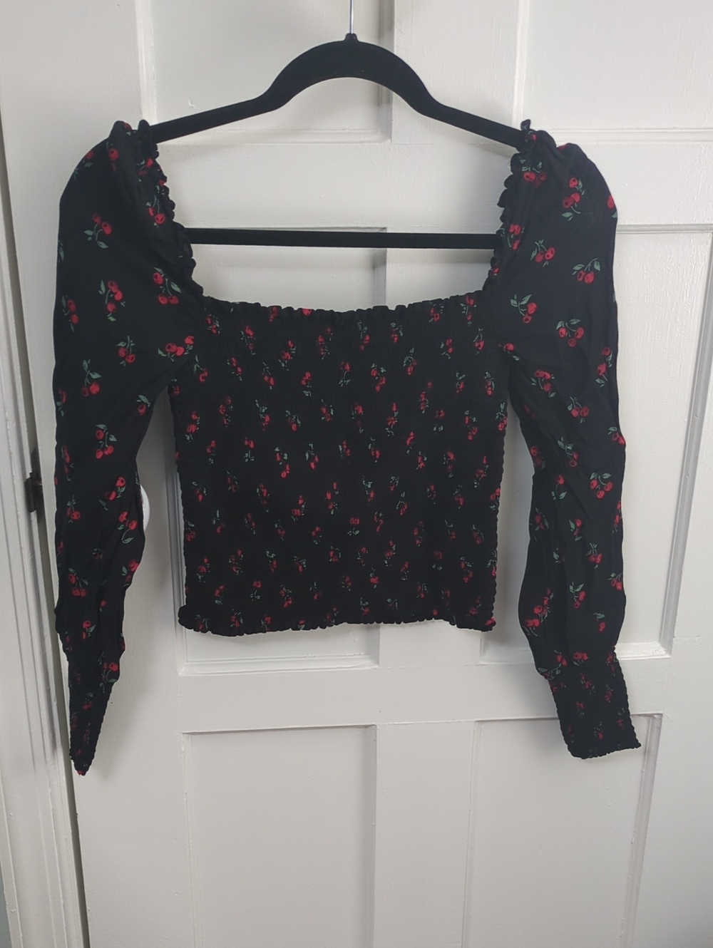 Reformation Black Cherry Smocked Puff-Sleeve Crop Top